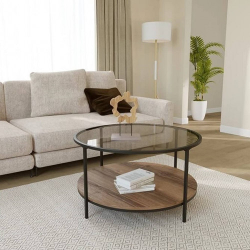 طاولة وسط رفين خشب وزجاج