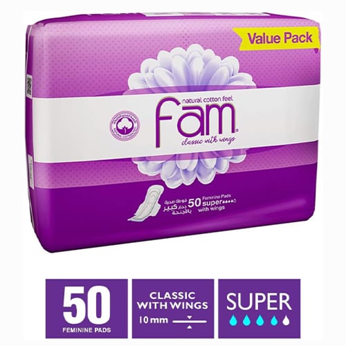 فام فوط صحية كلاسيك , كبير بالأجنحة - 50 قطعة