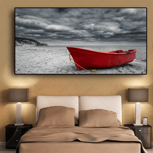 (MDF) لوحة فنيه منظر طبيعي قارب في البحر باللون ال...