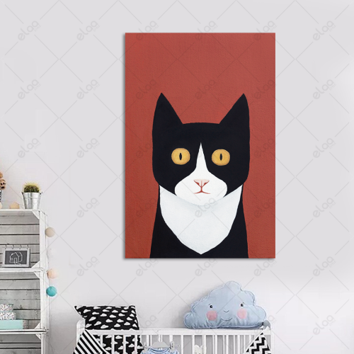 Abstract art painting of a black cat with a red ba...