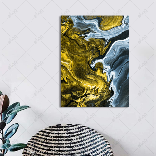 Abstract art painting in blue and gold colors