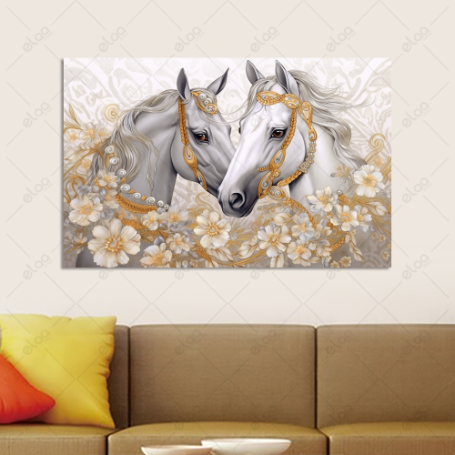 Abstract art painting of white horses