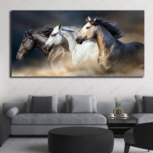 (MDF) لوحة جدارية منظر طبيعي ثلاثة خيول بألوان مخت...