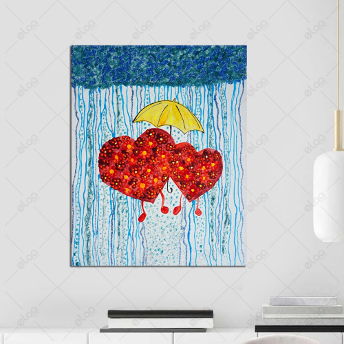 Abstract art painting of hearts under the rain umb...