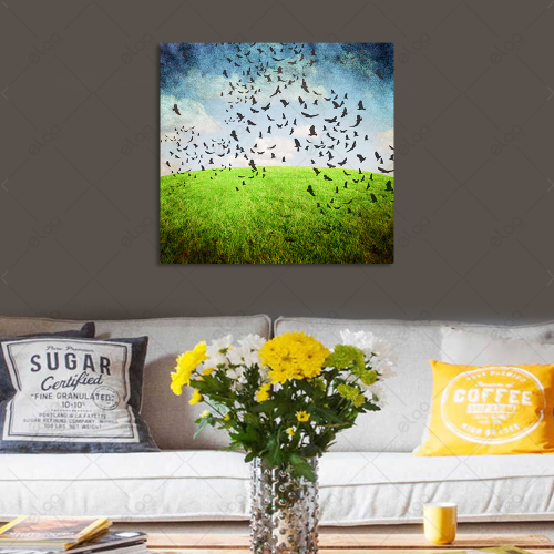 Abstract art painting of birds, sky, and grass