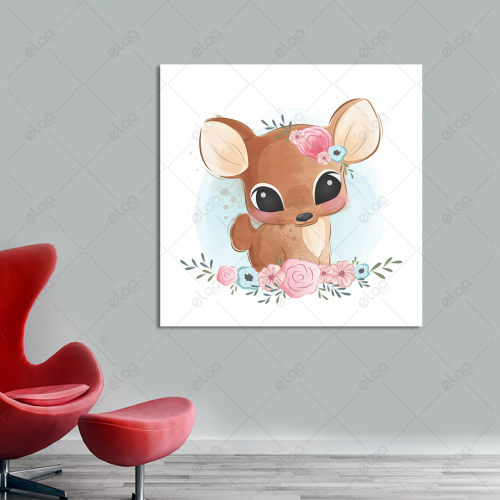 لوحة فنية لغزال مع زهور