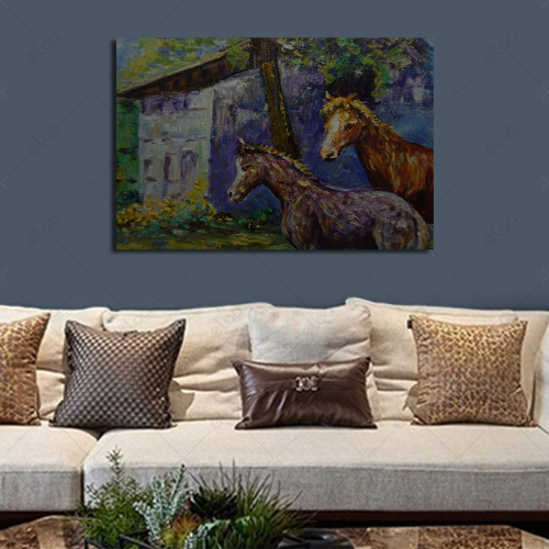 Abstract art painting of two horses standing in a...