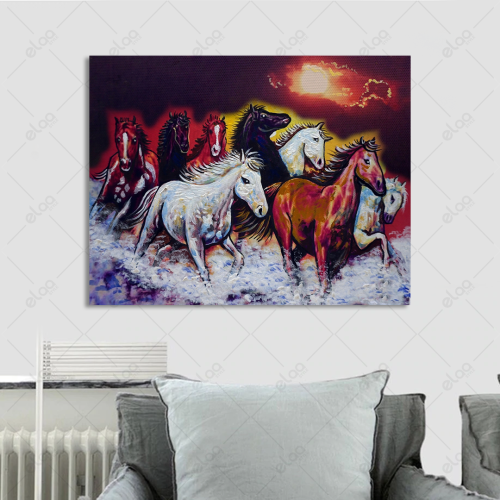 Abstract art painting of a group of horses drawn b...