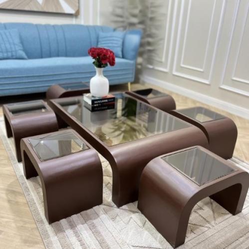 طقم طاولات قهوة ارضية مع 6 مقاعد خدمة زجاج عسلي