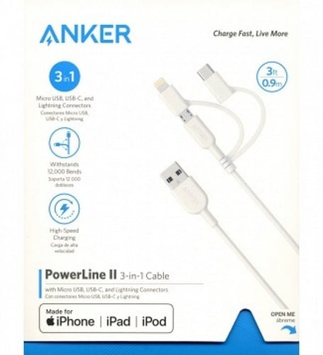 كيبل انكر ايفون ربل مقوى 90سم 3 في 1 باور لاين الا...