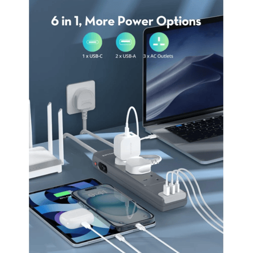 توصيلة كهربائية راف باور 3 مقابس و منفذ تايب سي PD...