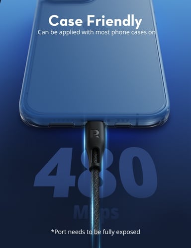 كيبل ايفون راف باور يو اس بي اسود قماش مدعم 2م