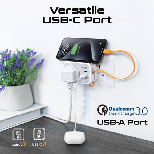 أقوى شاحن مقبس AC متعدد الوظائف مع كابل USB-C مدمج...