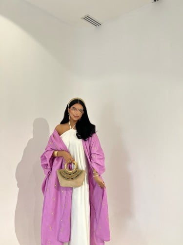 جلابية قطعتين فستان لنن هندي سكري + قطعة خارجية بش...