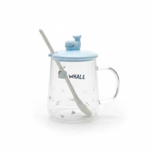 كوب شفاف زجاجي مع رسمة حوت و غطاء غلى شكل حوت سماو...