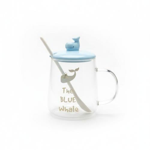 كوب شفاف زجاجي مع رسمة حوت سعة 450ملي+ غطاء غلى شك...