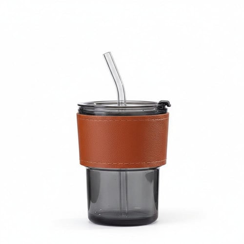 كوب زجاجي لزن عسلي بغطاء محكم مع مصاص ممسك جلد ينا...