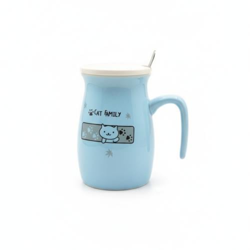 كوب سماوي سيراميك برسمة مع غطاء و ملعقة سعة 400ملي