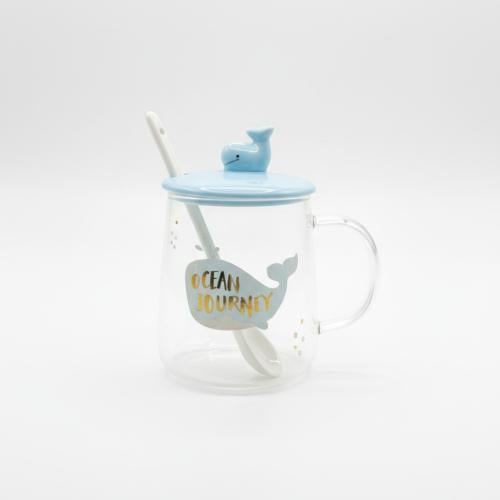 كوب شفاف زجاجي مع رسمة حوت سعة 450ملي مع غطاء غلى...