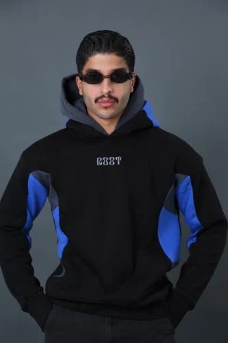 هودي دبل كاب أسود وأزرق Double Cap Tricolor Hoodie
