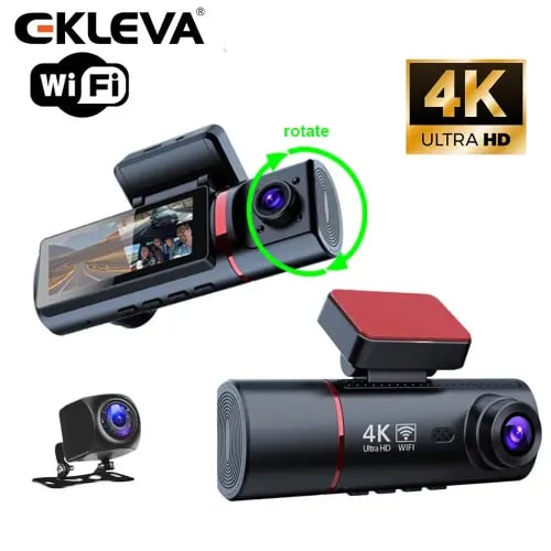 كاميرا داش EKLEVA 4K ثلاثية القنوات مع WiFi ورؤية ليلية للأمام والداخل والخلف