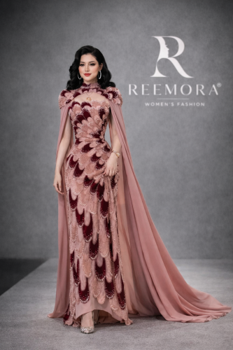 Evening dress sequins wing sleeve georgette
