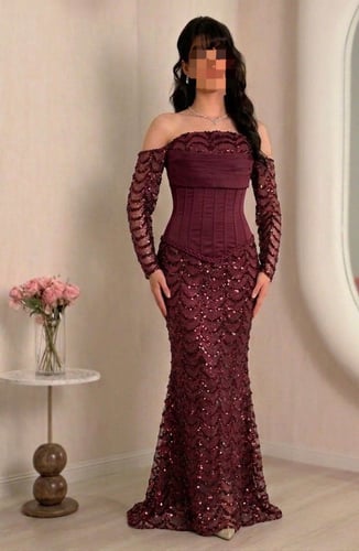 Burgundy dress with Barbie fabric and striped sequ...