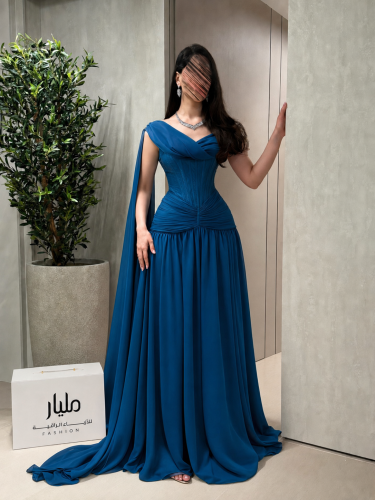 فستان سهرة أزرق كورسيه بكتف واحد