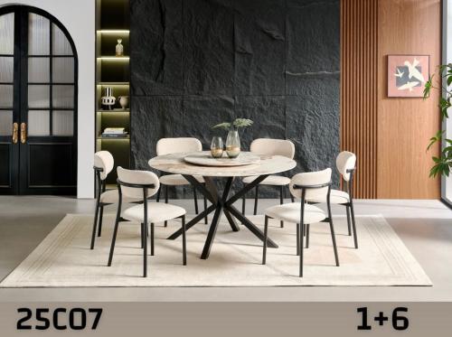 طاولة طعام 6 كراسي دائري بورسلان - بيج