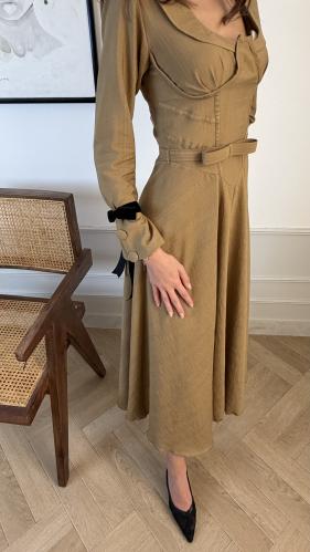 Beige color dress long sleeves decorated with velv...