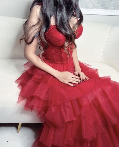 فستان تل احمر صدريه كورسيه(القطعه جاهزه مقاس سمول)