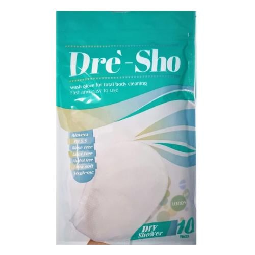 قفازات طبية مبلله لتنظيف الجسم من دري شو DRY SHO PKT 10