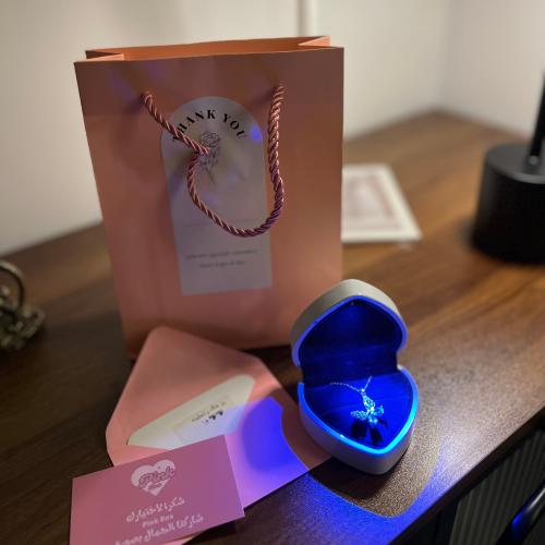 A butterfly necklace with a light-up box and the p...