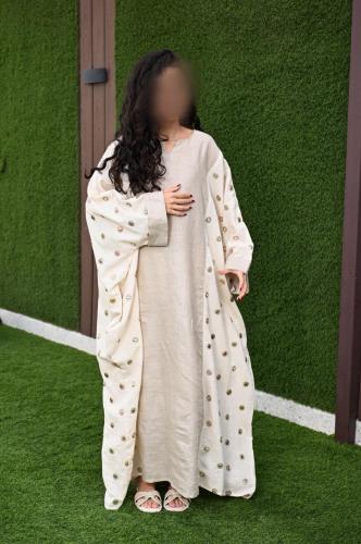 Indian linen galabiya decorated with dotted fabric