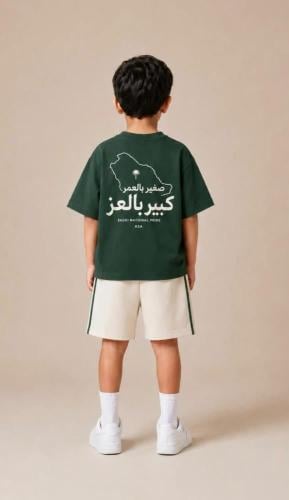 طقم أطفال سعودي أخضر – تيشيرت وشورت بتصميم «صغير ب...