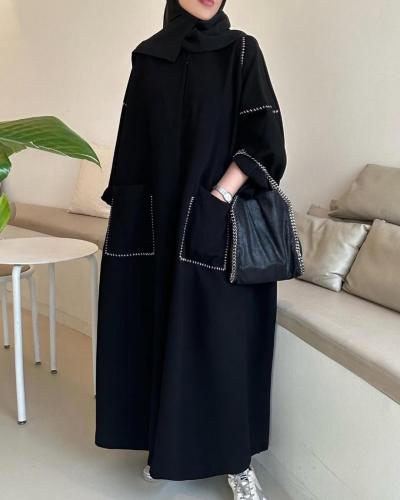 عباية صيفية رسميه بجيوب وتطريز ابيض مميز القماش كريب ملكي كوري