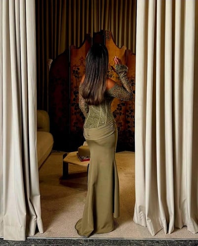 فستان سهره زيتي مطرز