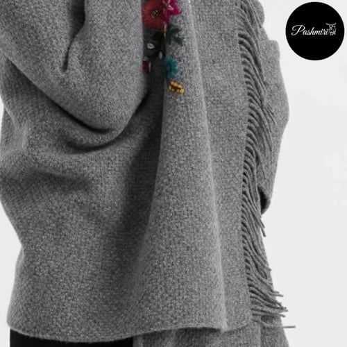 شال رمادي غامق صوف كشميري مع صوف تركي تطريز يدوي 7...