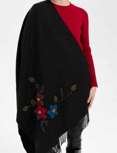 شال أسود صوف كشميري مع صوف تركي تطريز يدوي كبير با...