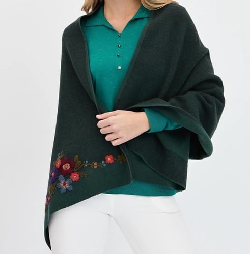 شال أخضر زيتي صوف كشميري مع صوف تركي تطريز يدوي 72...