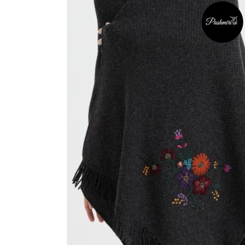 شال أسود صوف كشميري مع صوف تركي تطريز يدوي 70×180س...