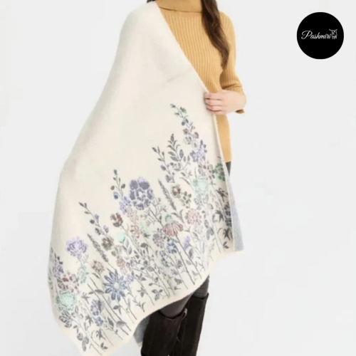 شال سكري فاتح جدًا فرو أرنب طبيعي مع صوف كشميري وت...