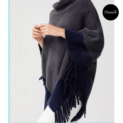 شال رمادي مع طرف كحلي فرو أرنب طبيعي مع صوف كشميري...