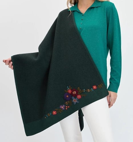 شال أخضر زيتي صوف كشميري مع صوف تركي تطريز يدوي 72...