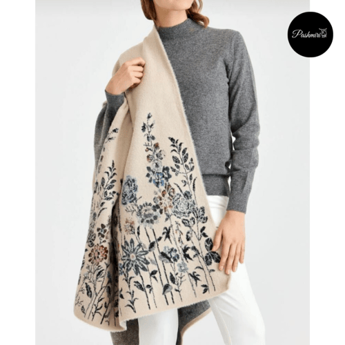 شال فرو أرنب طبيعي مع صوف كشميري وتركي أرضية بيج ف...