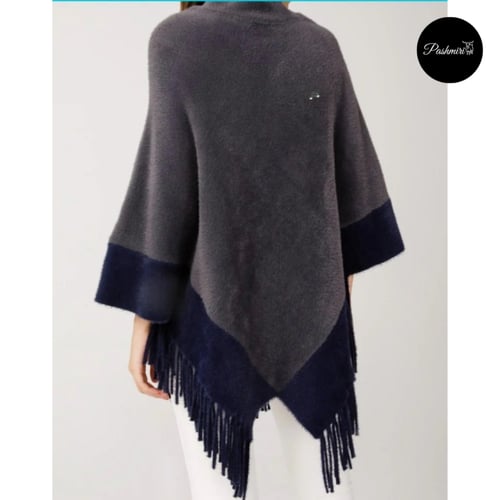 شال رمادي مع طرف كحلي فرو أرنب طبيعي مع صوف كشميري...