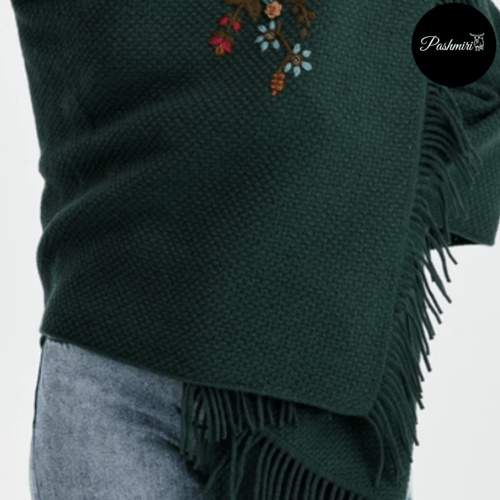 شال أخضر صوف كشميري مع صوف تركي تطريز يدوي 70×180س...