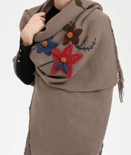 شال لون خاكي متميز صوف كشميري مع صوف تركي تطريز يد...