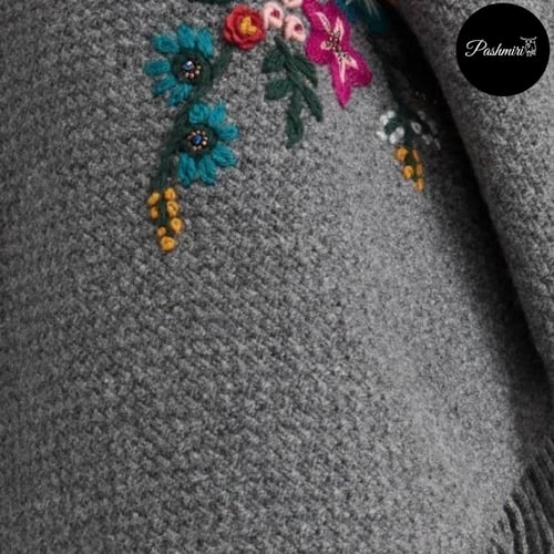 شال رمادي غامق صوف كشميري مع صوف تركي تطريز يدوي 7...