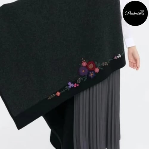 شال أسود صوف كشميري مع صوف تركي تطريز يدوي 72×160س...